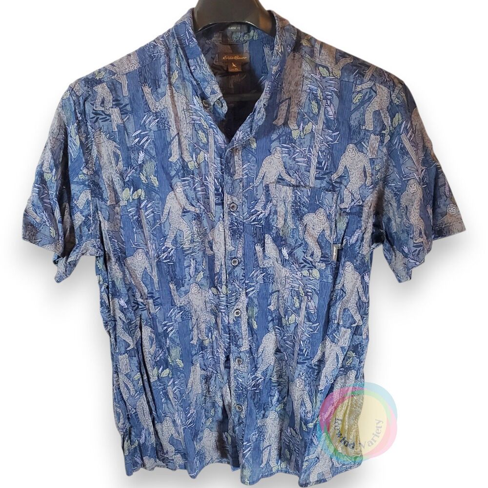 Eddie Bauer Bigfoot Hawaiian Shirt Mens XL Blue White